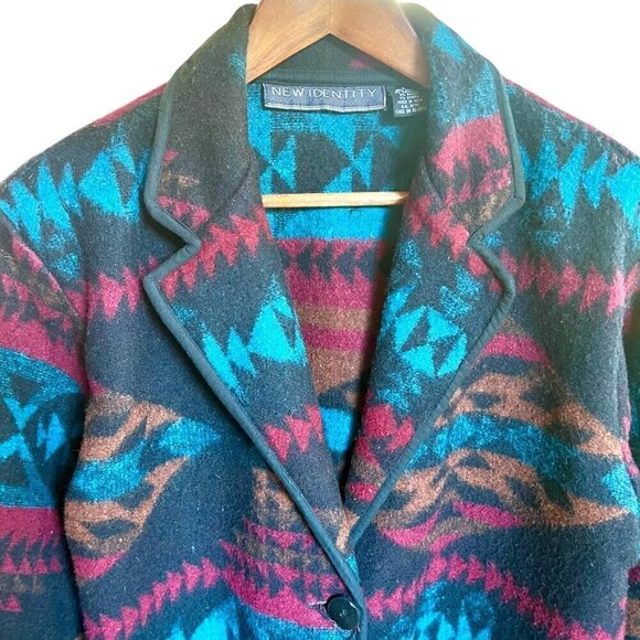 VTG Southwestern Navajo Aztec Wool Blend Jacket Blazer Short Teal Brown Black L - Picture 3 of 14